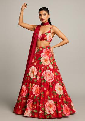 Red Printed Satin Lehenga Set