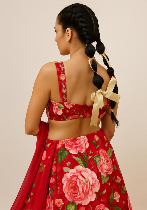Red Printed Satin Lehenga Set