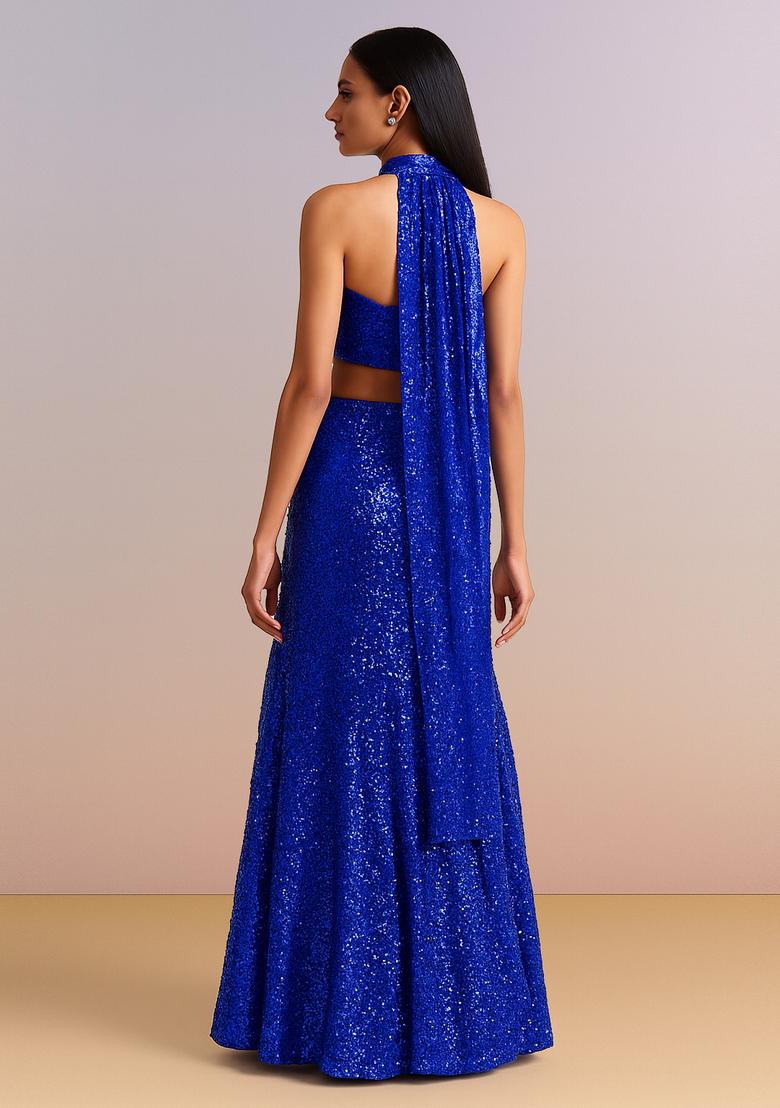 Blue Sequin Embroidered Georgette Lehenga Set - Indya