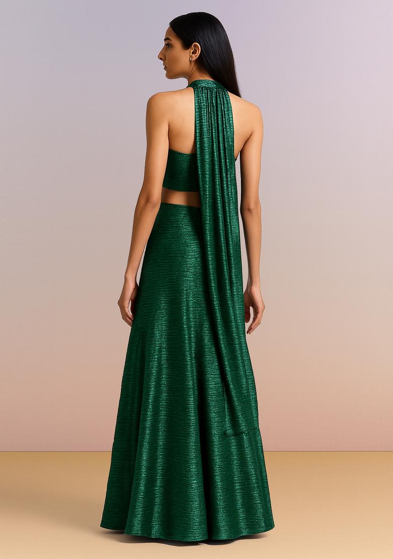 Green Solid Lurex Lehenga Set - Indya