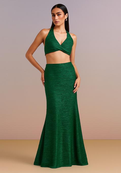 Green Solid Lurex Lehenga Set