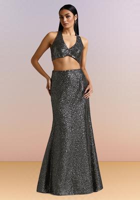 Black Solid Chiffon Lehenga Set