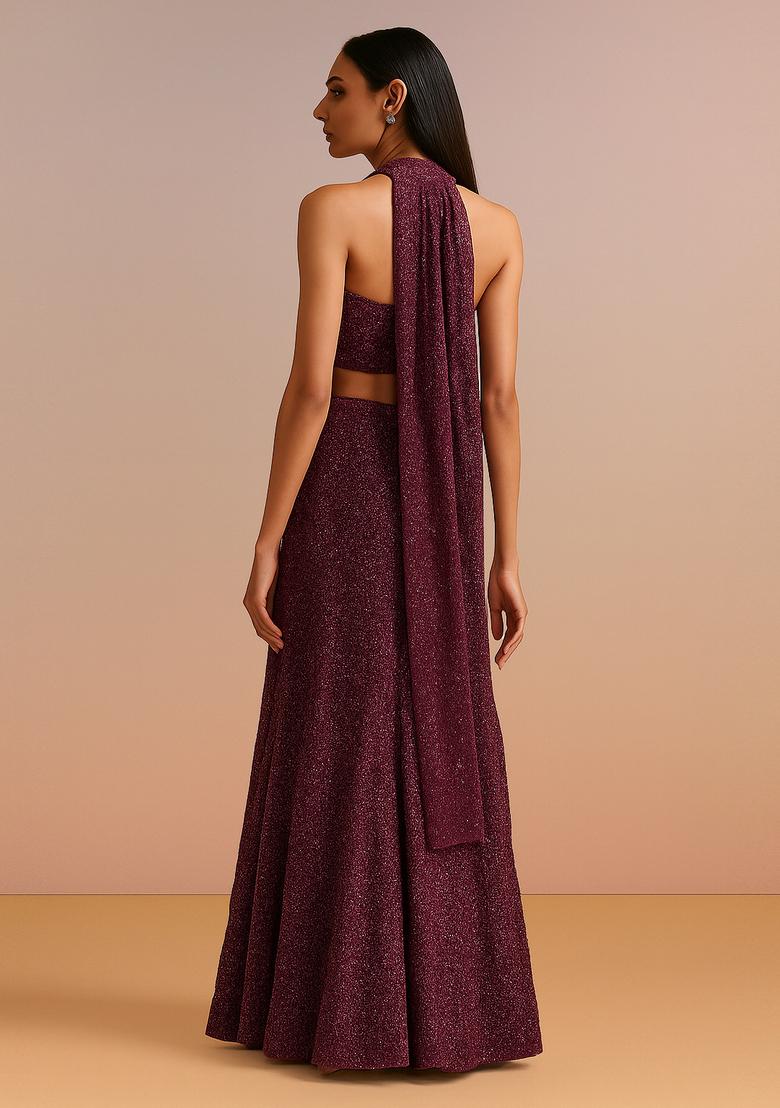 Purple Solid Lurex Lehenga Set - Indya