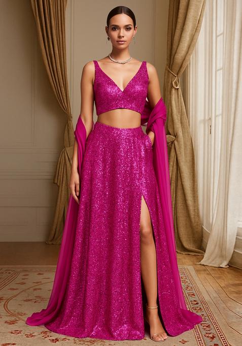 Hot Pink Sequin Embroidered Georgette Lehenga Set