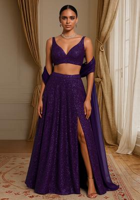 Purple Sequin Georgette Lehenga Set