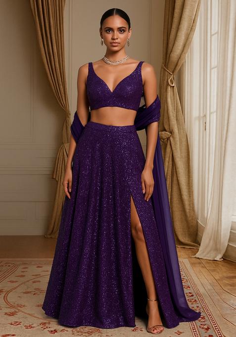 Purple Sequin Georgette Lehenga Set