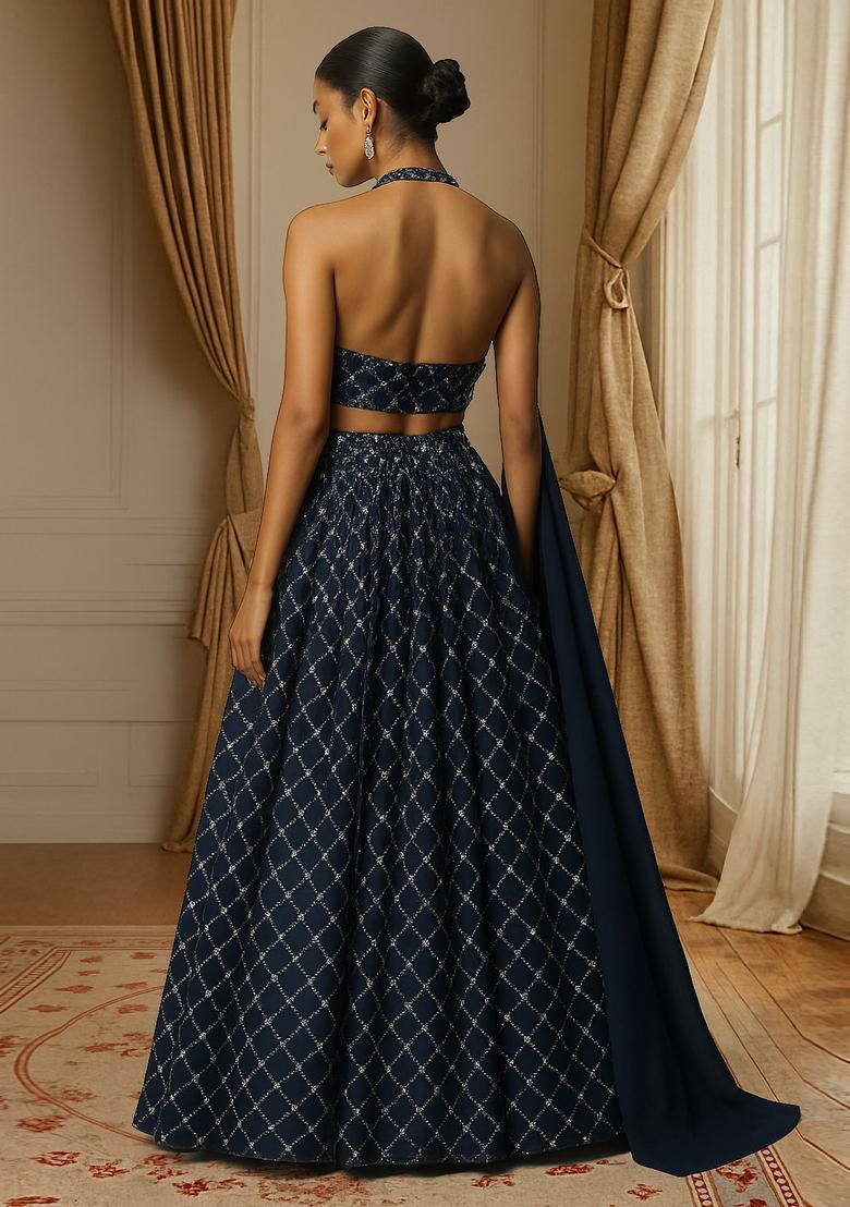 Navy Blue Embroidered Georgette Lehenga Set - Indya