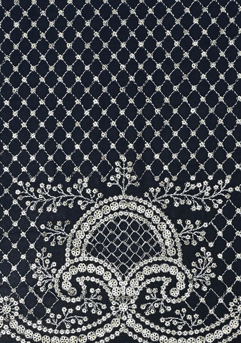 Navy Blue Embroidered Georgette Lehenga Set - Indya