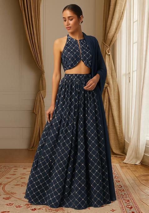 Navy Blue Embroidered Georgette Lehenga Set