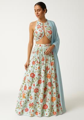 Beige Printed Organza Lehenga Set