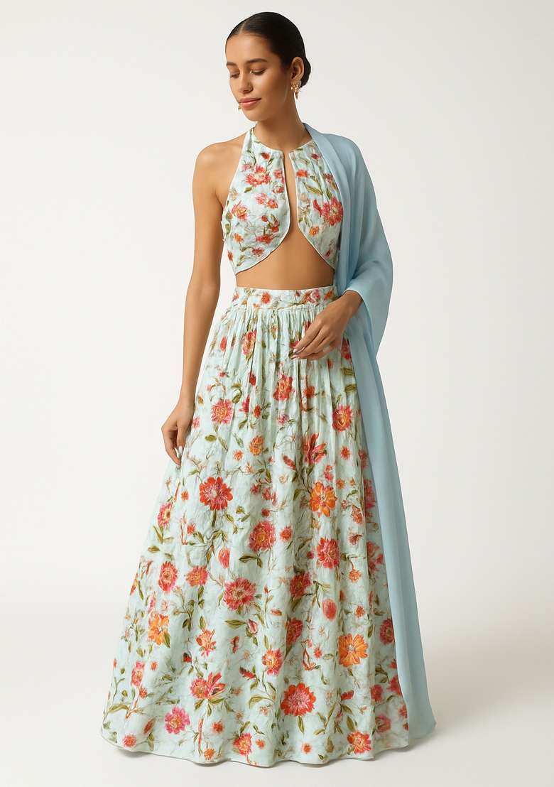 Beige Printed Organza Lehenga Set - Indya