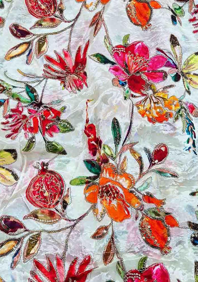 Beige Printed Organza Lehenga Set - Indya