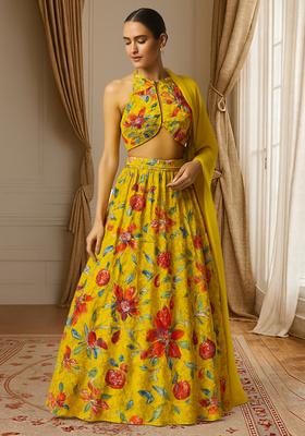 Yellow Printed Organza Lehenga Set