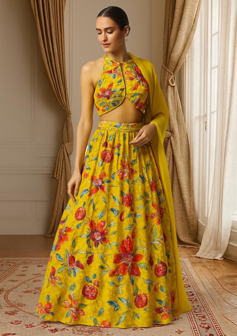 Yellow Printed Organza Lehenga Set