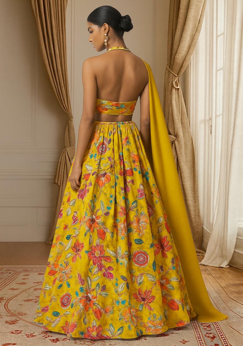 Yellow Printed Organza Lehenga Set - Indya