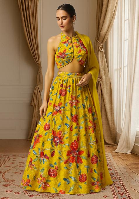 Yellow Printed Organza Lehenga Set