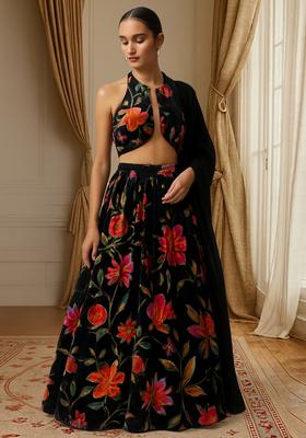 Black Printed Organza Lehenga Set