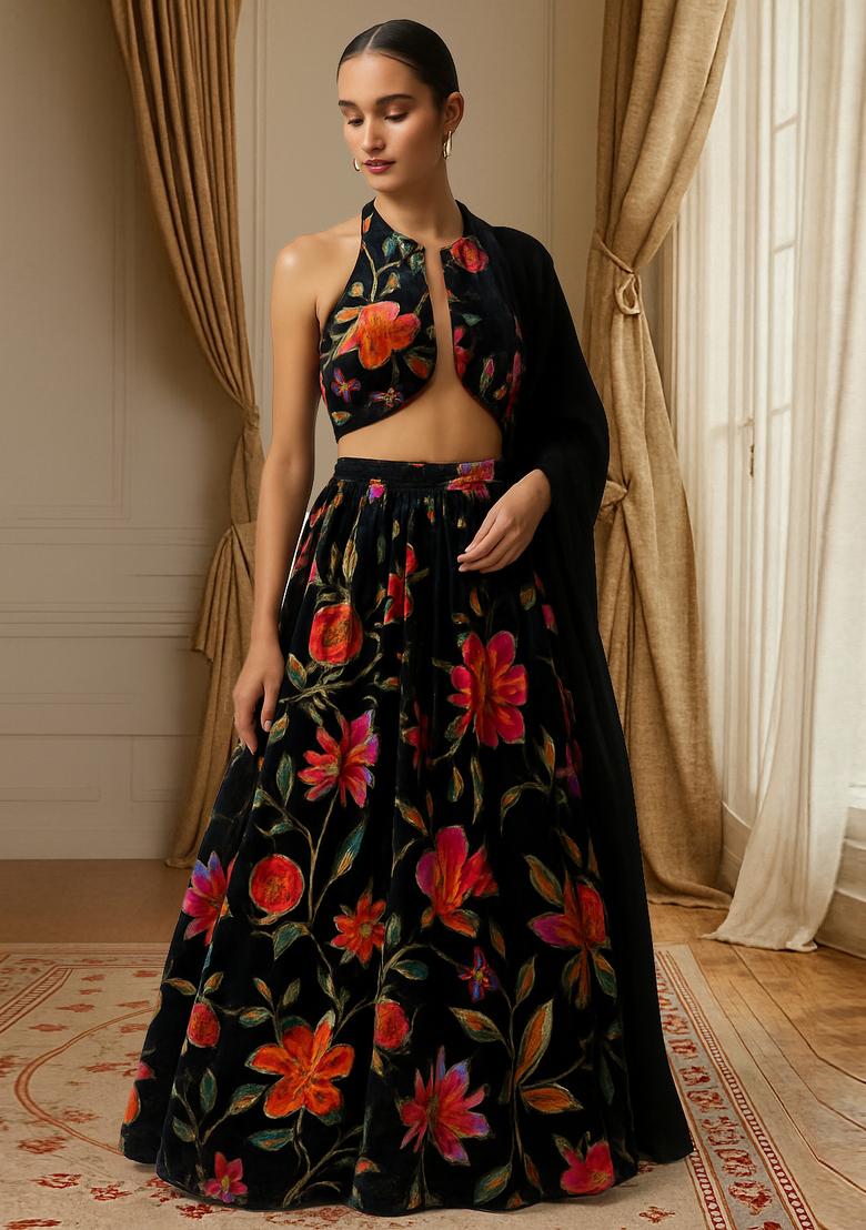Black Printed Organza Lehenga Set