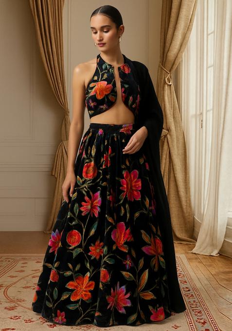 Black Printed Organza Lehenga Set