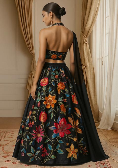 Black Printed Organza Lehenga Set