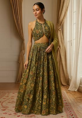 Green Embroidered Chiffon Lehenga Set