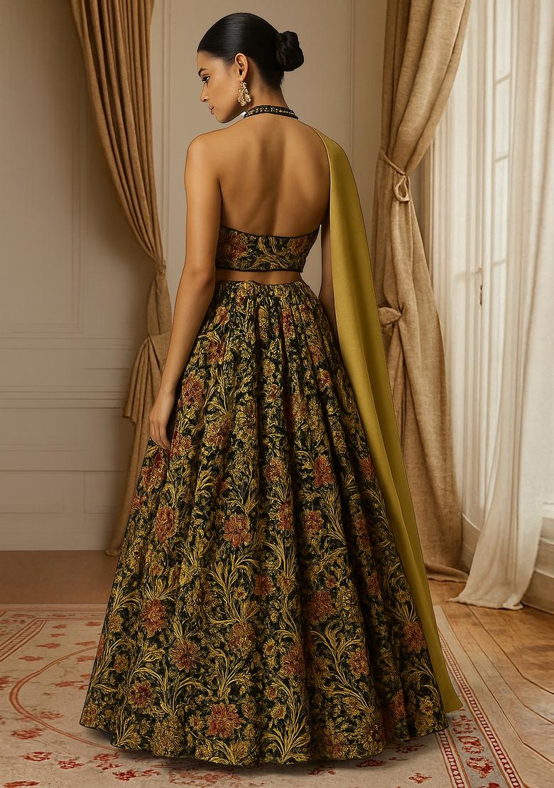 Green Embroidered Chiffon Lehenga Set - Indya