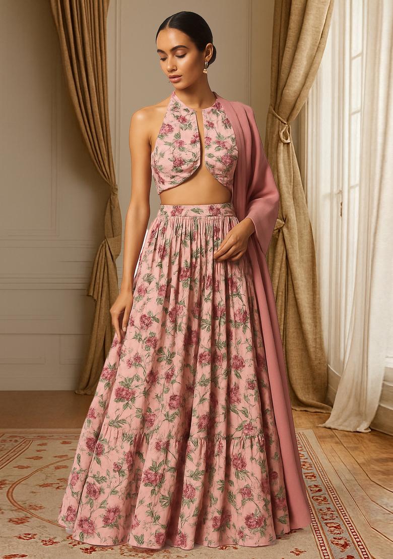 Pink Printed Satin Lehenga Set
