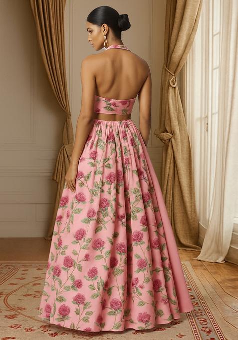 Pink Printed Satin Lehenga Set