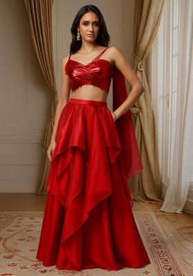 Red Solid Poly Blend Lehenga Set