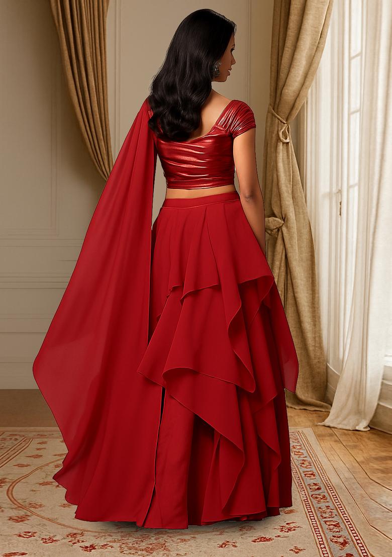 Red Solid Poly Blend Lehenga Set
