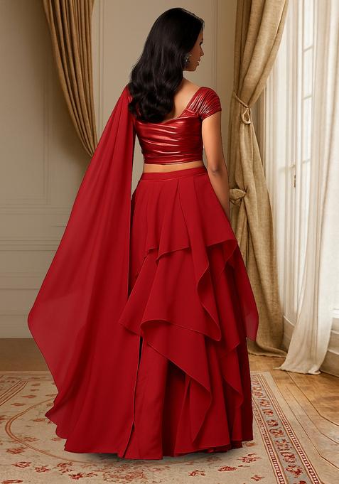 Red Solid Poly Blend Lehenga Set