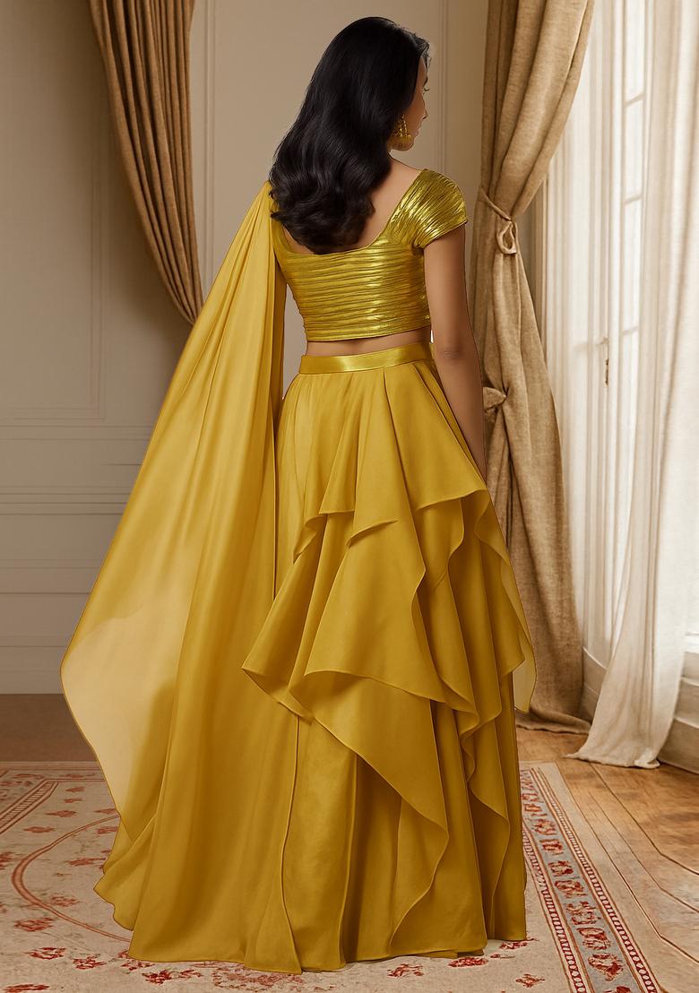 Yellow Solid Poly Blend Lehenga Set - Indya
