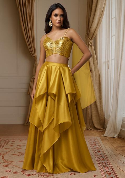 Yellow Solid Poly Blend Lehenga Set