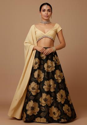 Black Printed Crepe Lehenga Set