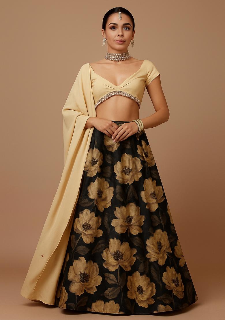 Black Printed Crepe Lehenga Set