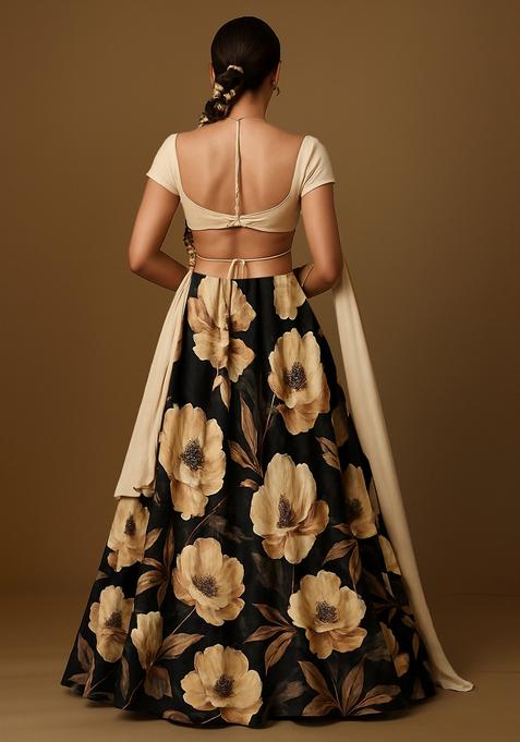 Black Printed Crepe Lehenga Set