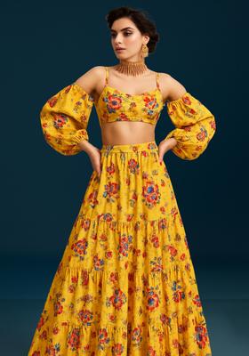 Yellow Printed Crepe Lehenga Set