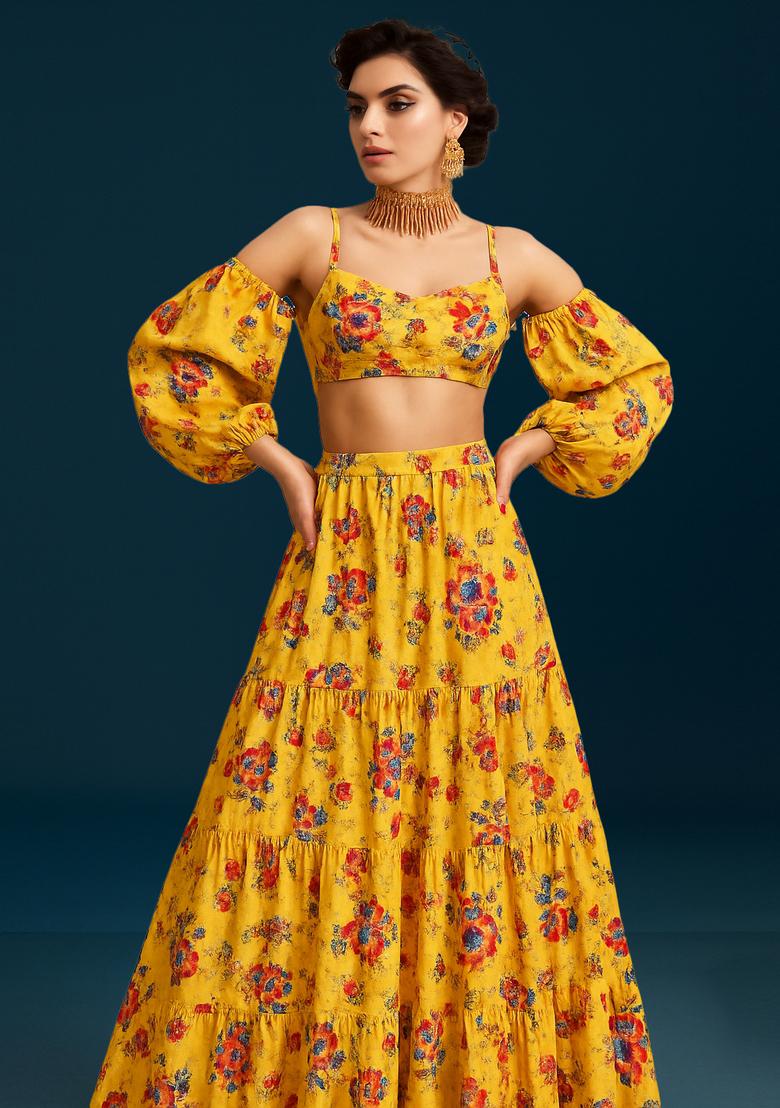 Yellow Printed Crepe Lehenga Set
