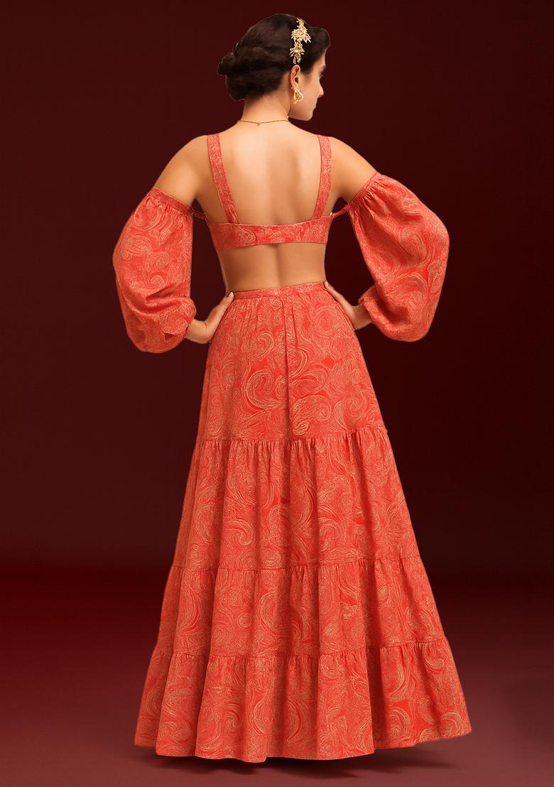 Orange Printed Crepe Lehenga Set - Indya