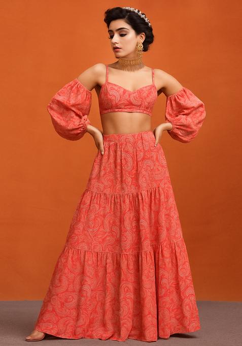 Orange Printed Crepe Lehenga Set