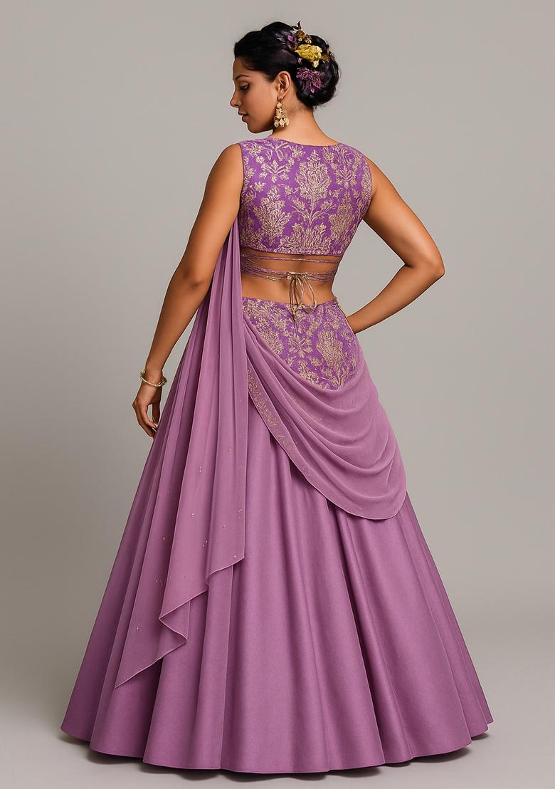 Purple Jacquard Blouse Georgette Lehenga Set - Indya
