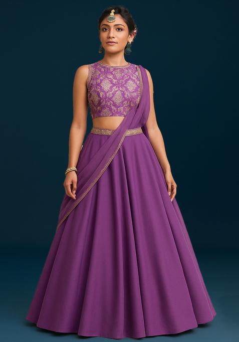 Purple Jacquard Blouse Georgette Lehenga Set