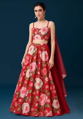 Red Printed Satin Lehenga Set