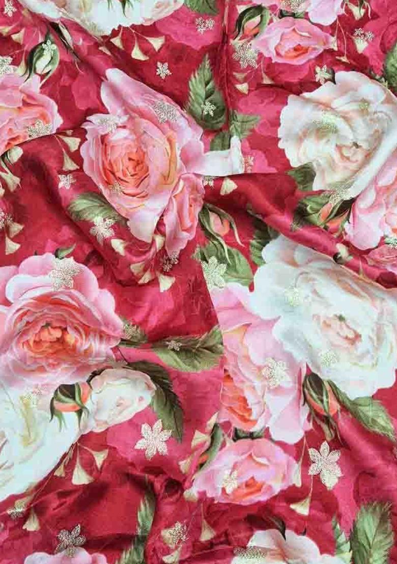 Red Printed Satin Lehenga Set