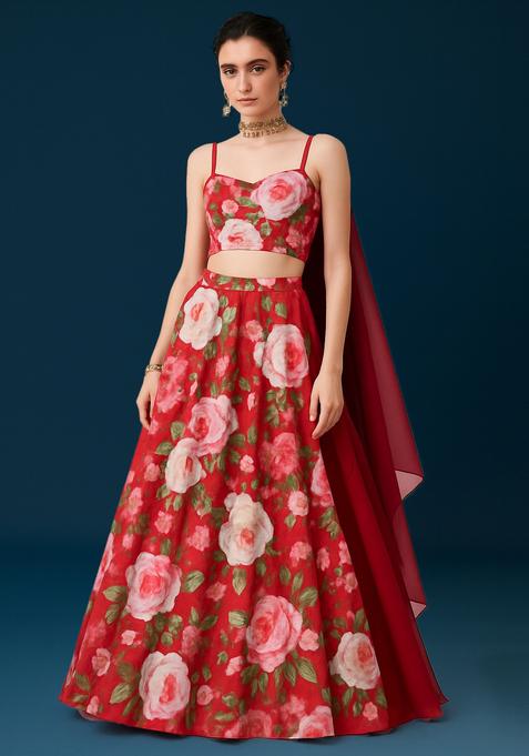 Red Printed Satin Lehenga Set