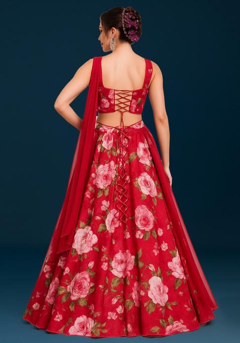 Red Printed Satin Lehenga Set