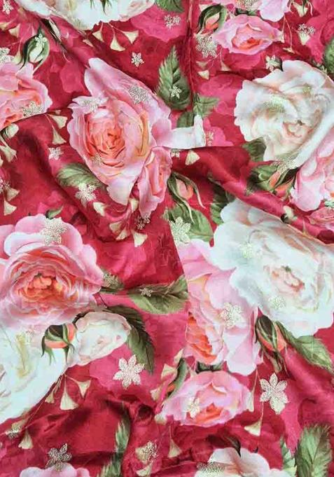 Red Printed Satin Lehenga Set