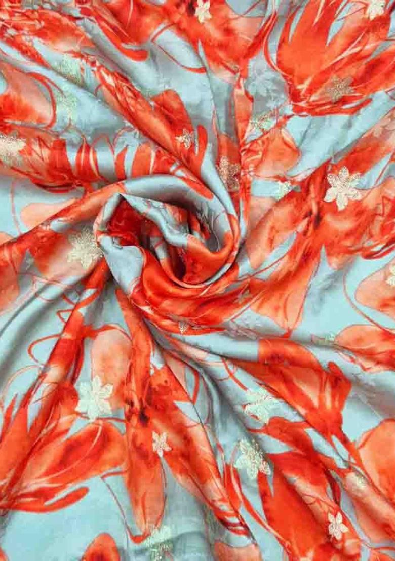 Blue Printed Satin Lehenga Set - Indya