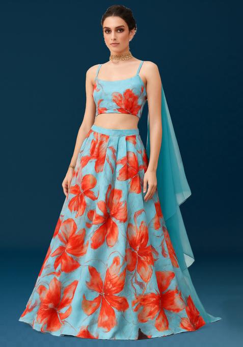 Blue Printed Satin Lehenga Set