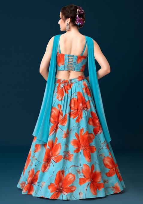 Blue Printed Satin Lehenga Set